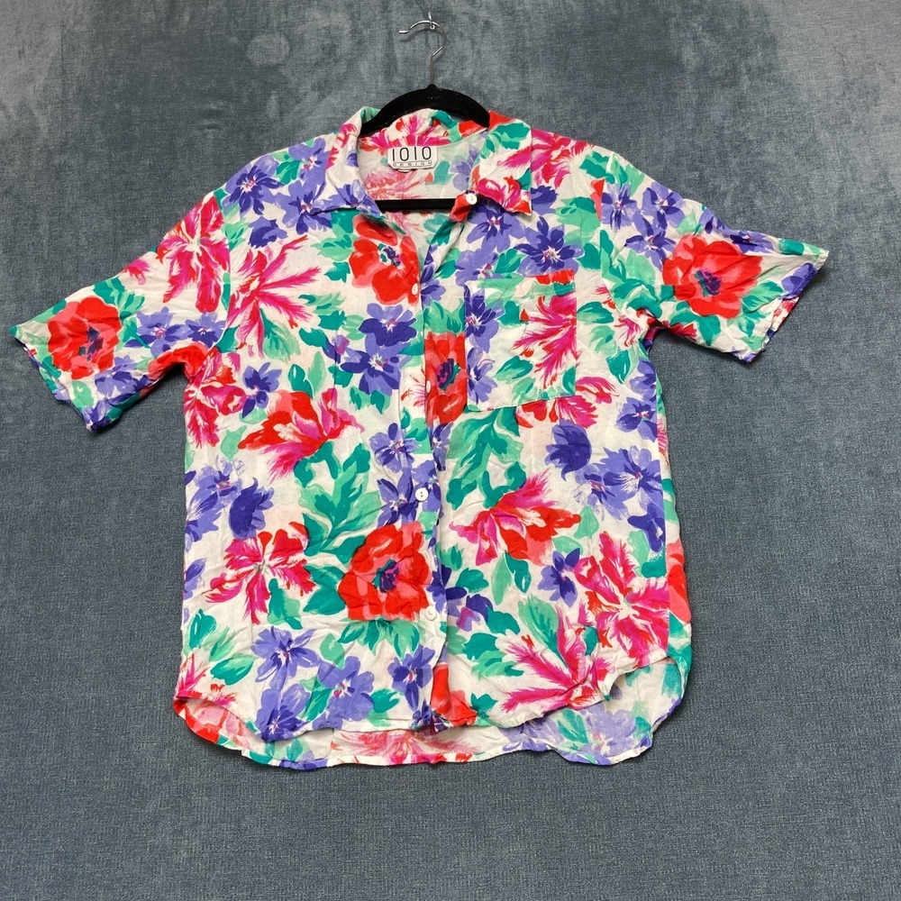 Vintage 1010 Design Blouse Top Womens M Multicolor Vibrant Floral Short Sleeve